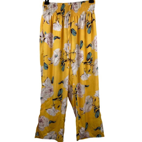 SHEIN Pants - Shein Curve Size 1XL Yellow Floral Elastic Waist Wide Leg Pants